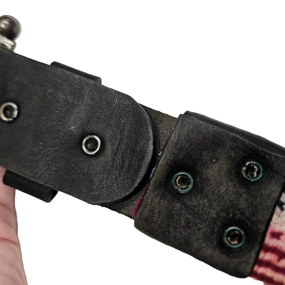 Vintage Leather‎ & Woven Fabric Belt With metal Buckle sz 34 red white blue